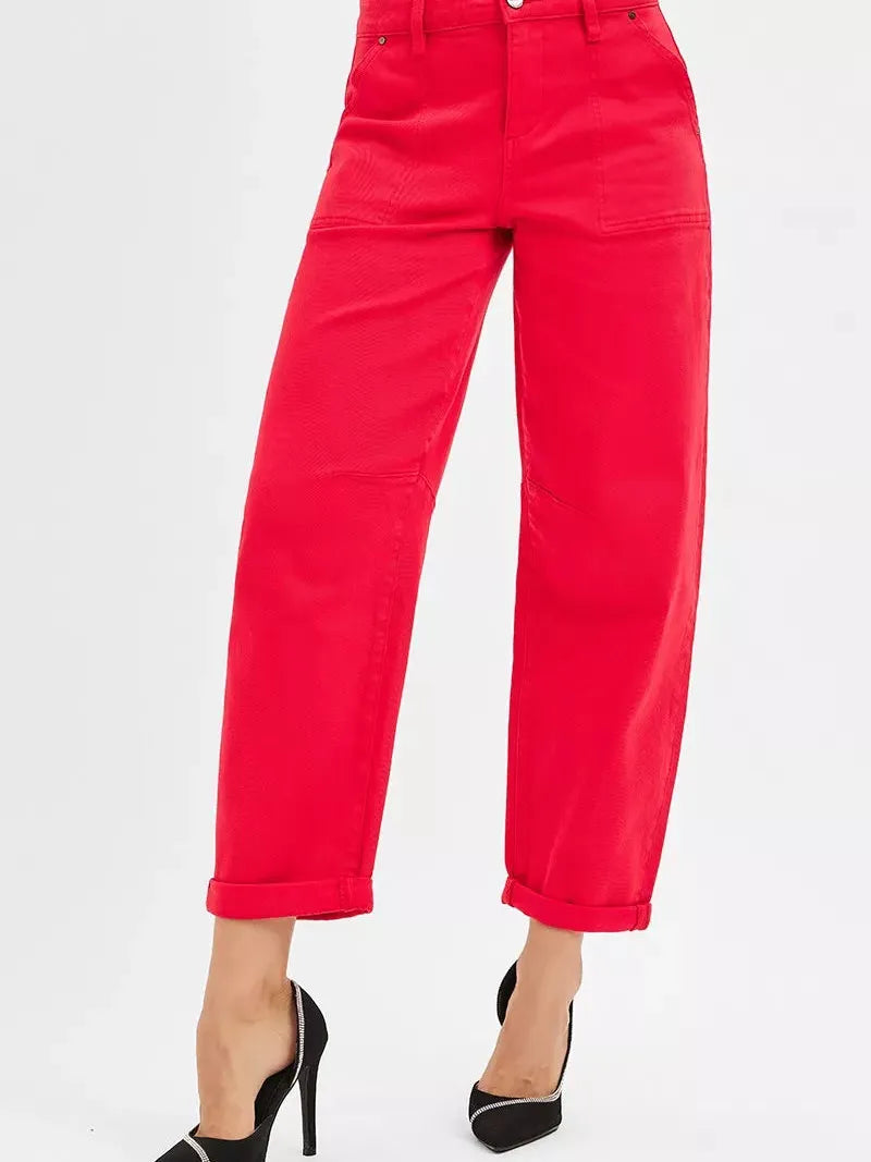 Risen Crimson Crush High Rise Ankle Cuffed Barrel Pants-Women's Jeans-Shop Z & Joxa