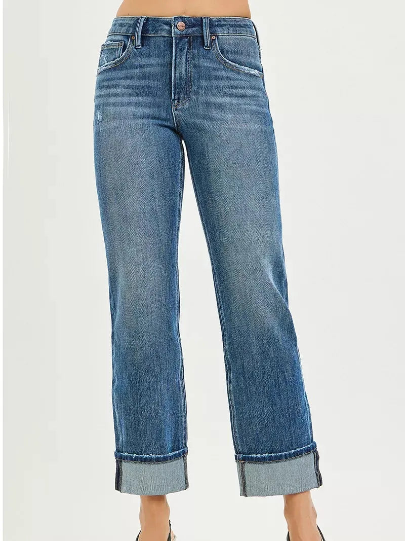 Risen Cuff & Chill Straight Cut Slouchy Jeans with Cuffed Hem-Women's Jeans-Shop Z & Joxa