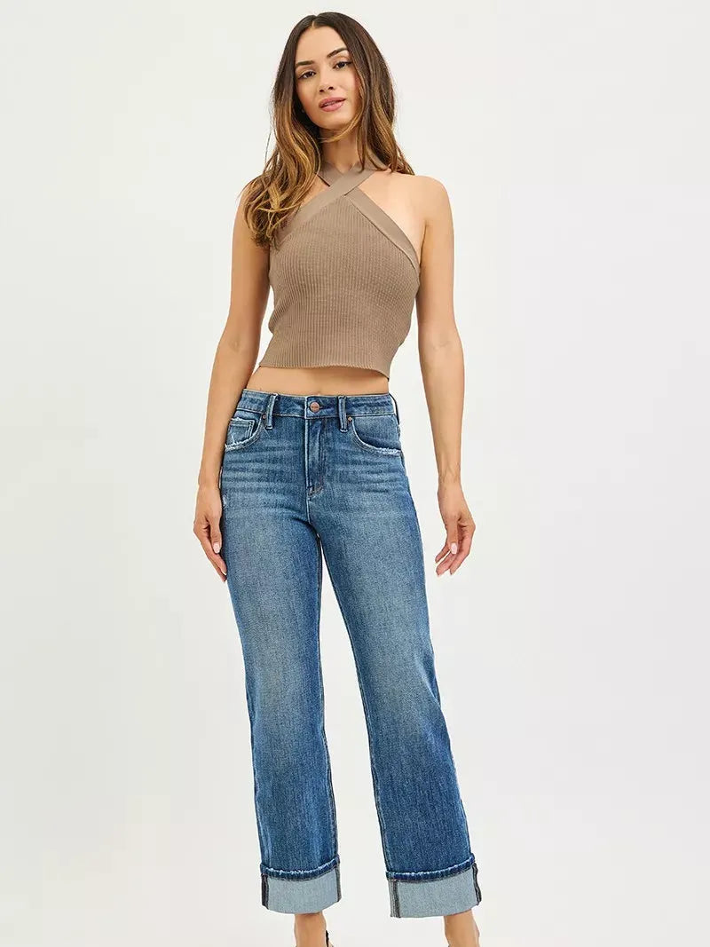 Risen Cuff & Chill Straight Cut Slouchy Jeans with Cuffed Hem-Women's Jeans-Shop Z & Joxa