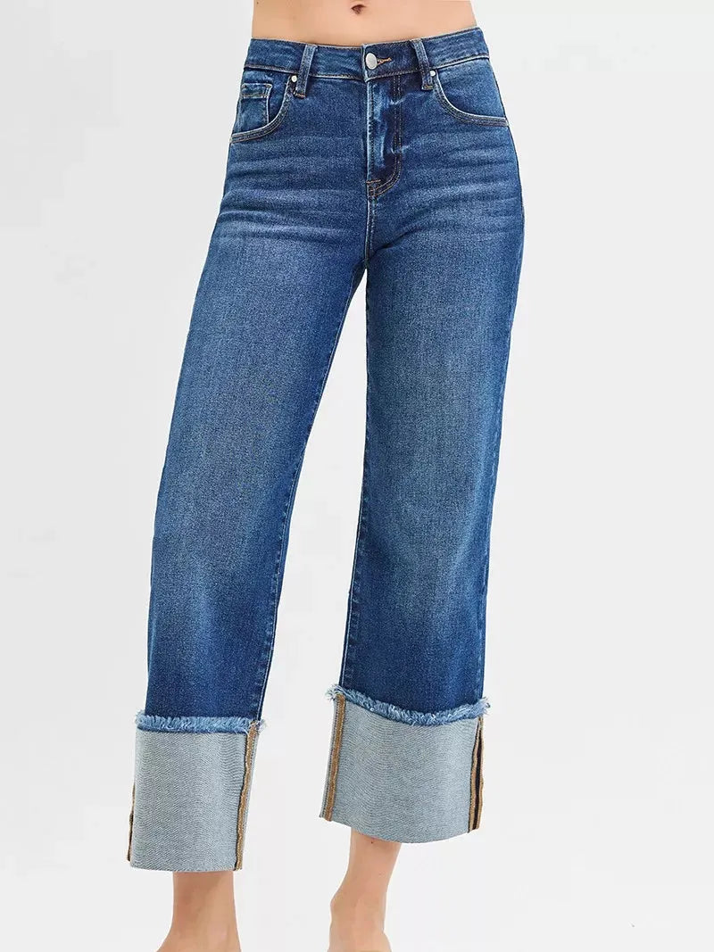Risen Cuff Impact Mid Rise Crop Wide Cuffed Jeans-Women's Jeans-Shop Z & Joxa