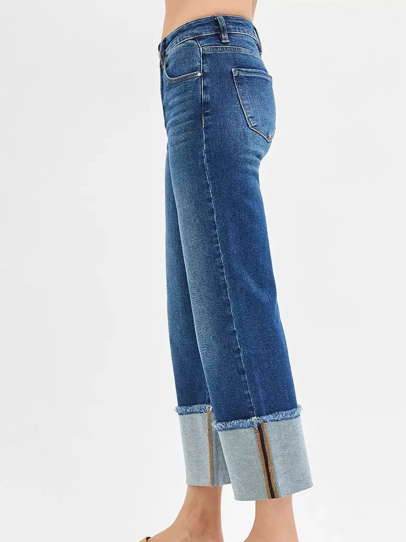 Risen Cuff Impact Mid Rise Crop Wide Cuffed Jeans-Women's Jeans-Shop Z & Joxa