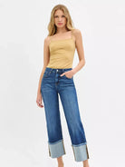 Risen Cuff Impact Mid Rise Crop Wide Cuffed Jeans-Women's Jeans-Shop Z & Joxa
