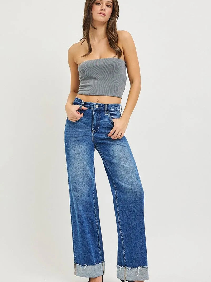 Risen Cuffed & Collected High Rise Wide Leg Jeans With Cuffs-Women's Jeans-Shop Z & Joxa