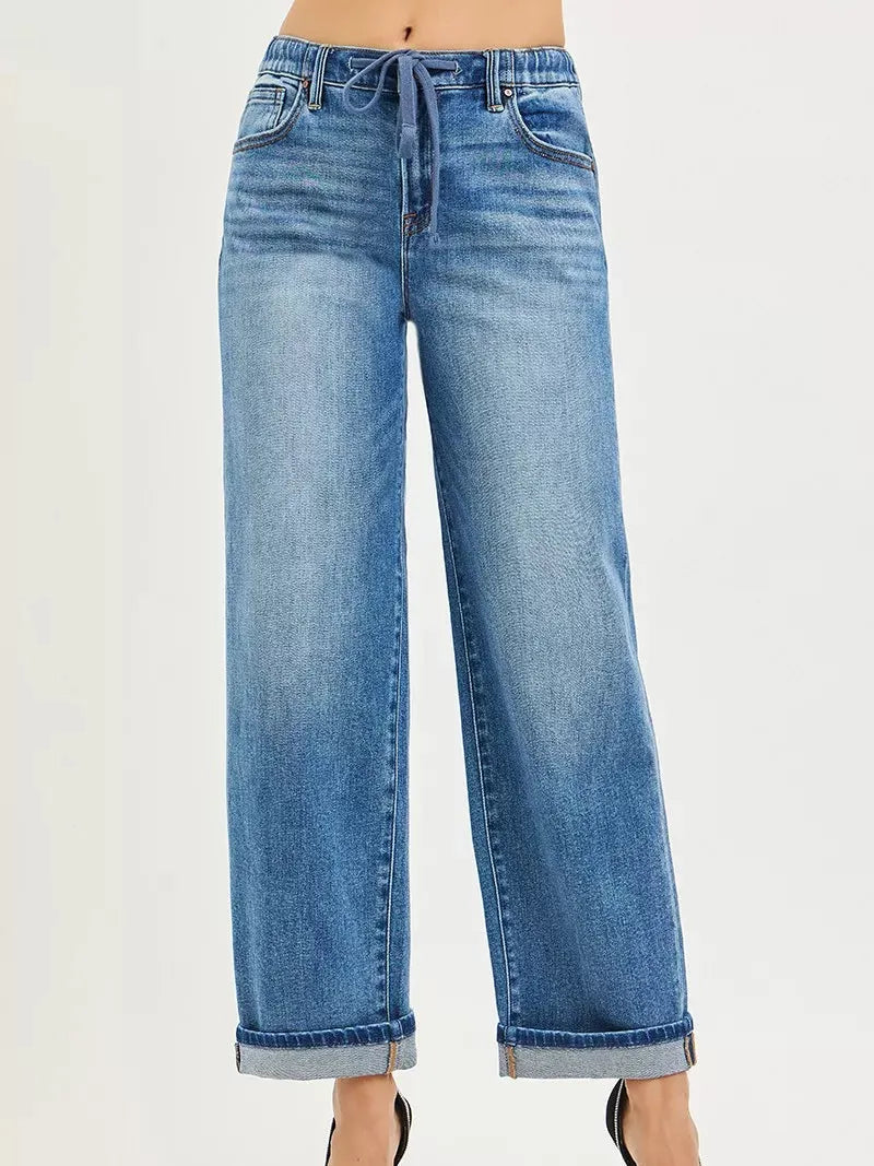 Risen Cuffed Comfort Slouch Ankle Boyfriend Cuffed Hem Jeans-Women's Jeans-Shop Z & Joxa