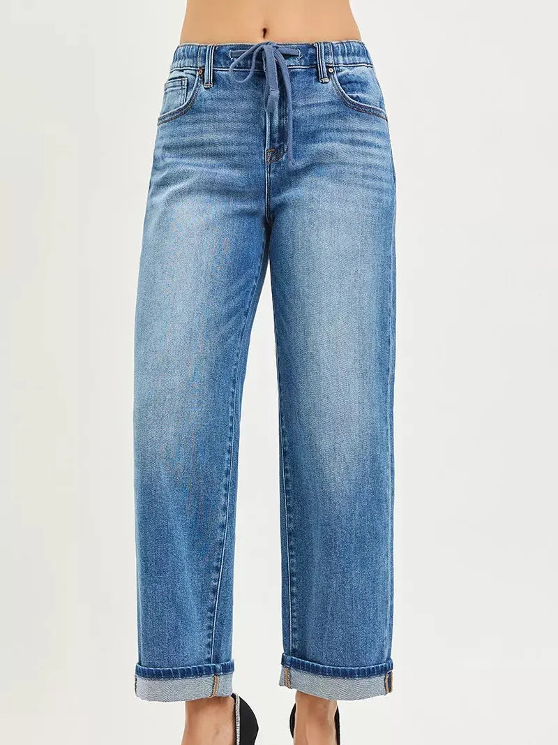 Risen Cuffed Comfort Slouch Ankle Boyfriend Cuffed Hem Jeans-Women's Jeans-Shop Z & Joxa