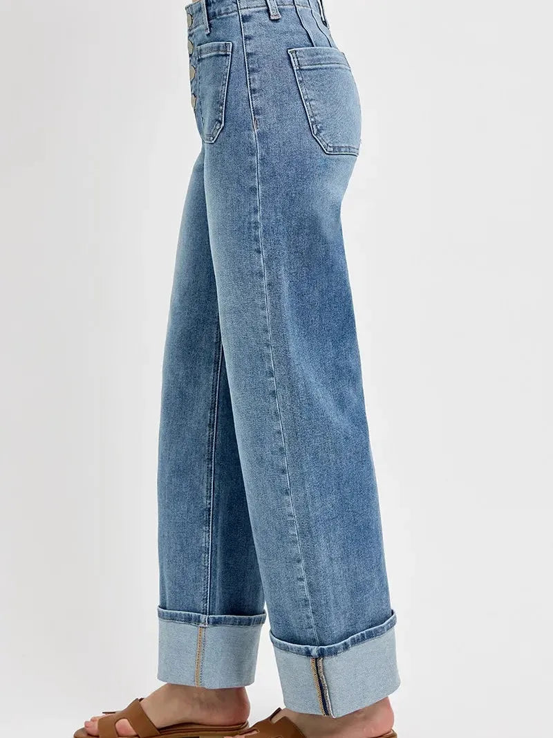 Risen Cuffed in Stone High Rise Patch Pocket Wide Cuffed Jeans-Women's Jeans-Shop Z & Joxa