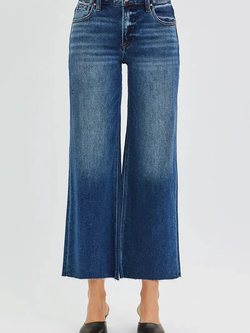 Risen Cutting Edge Mid Rise Crop Wide Raw Cut Hem Jeans-Women's Jeans-Shop Z & Joxa