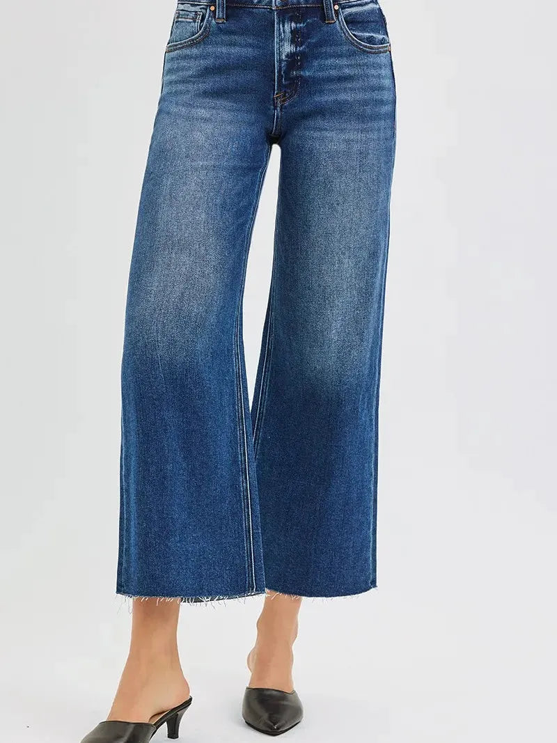 Risen Cutting Edge Mid Rise Crop Wide Raw Cut Hem Jeans-Women's Jeans-Shop Z & Joxa