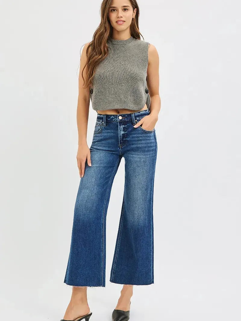 Risen Cutting Edge Mid Rise Crop Wide Raw Cut Hem Jeans-Women's Jeans-Shop Z & Joxa