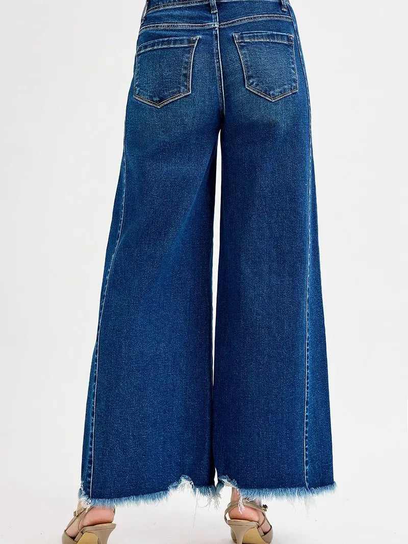 Risen Dark Elevation High Rise Wide Leg Raw Hem Ankle Jeans-Women's Jeans-Shop Z & Joxa