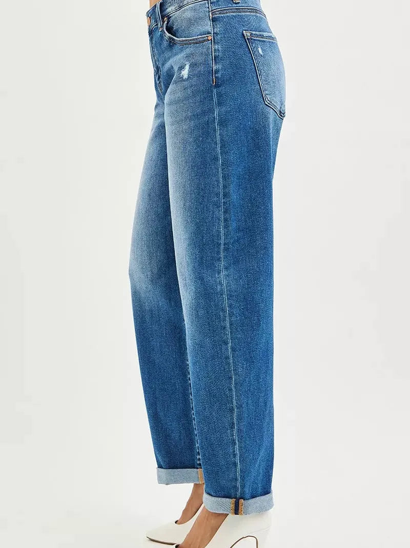 Risen Double Take Mid Rise Double Roll Up Crop Barrel Jeans-Women's Jeans-Shop Z & Joxa