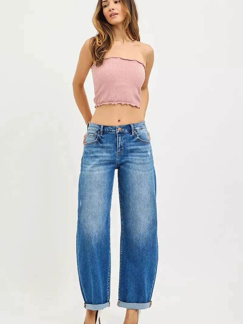 Risen Double Take Mid Rise Double Roll Up Crop Barrel Jeans-Women's Jeans-Shop Z & Joxa