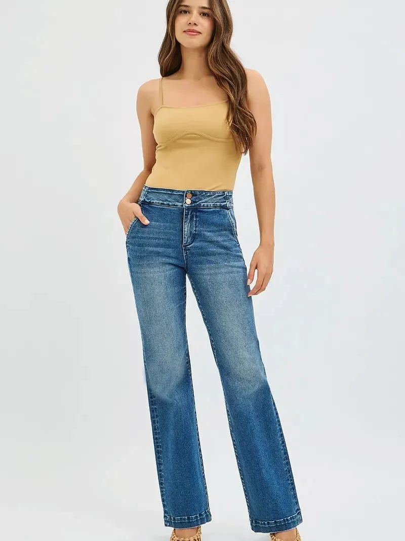 Risen Double Take Tummy Control High Rise Jeans with Double Buttons-Women's Jeans-Shop Z & Joxa