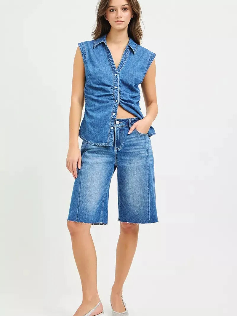 Risen Downtown Slouch Raw Hem Slouchy Seamed Jorts-Women's Shorts-Shop Z & Joxa