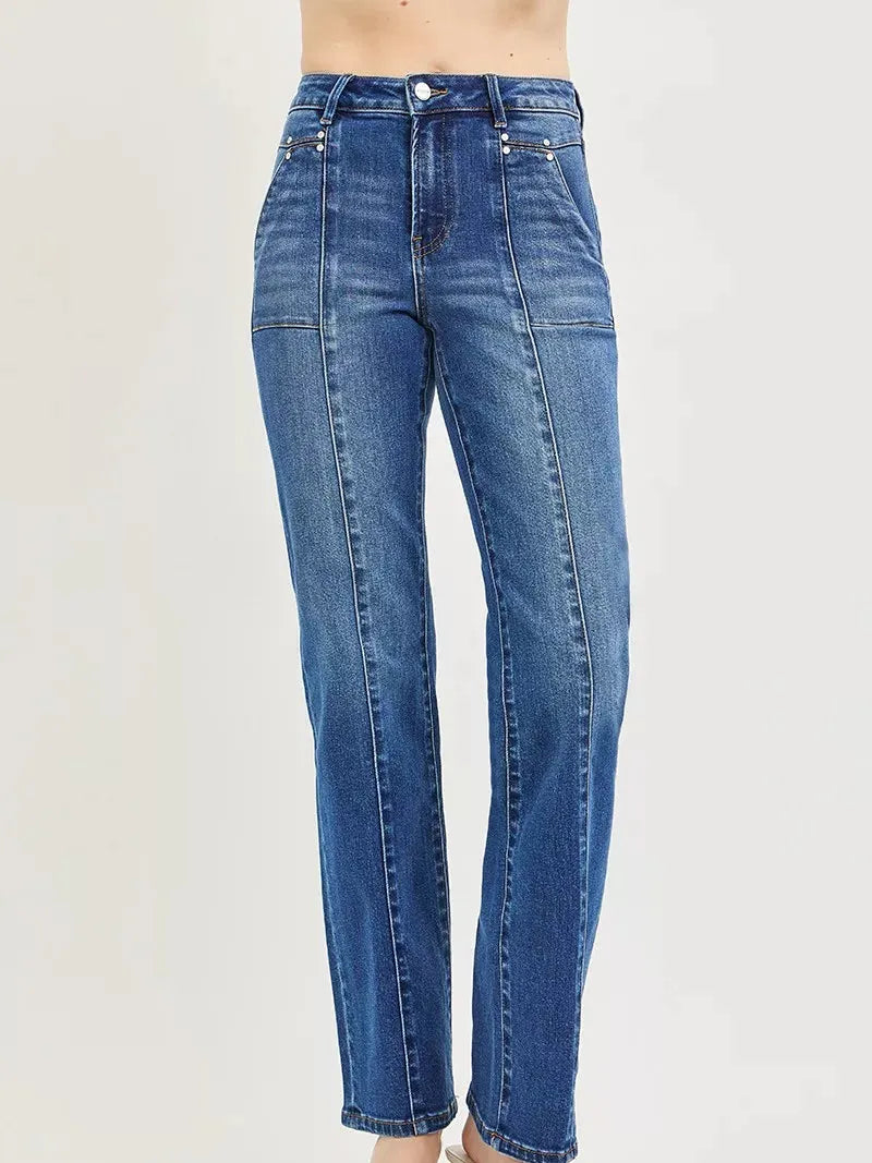 Risen Downtown Straight High Rise Patch Pocket Seamed Jeans-Women's Jeans-Shop Z & Joxa