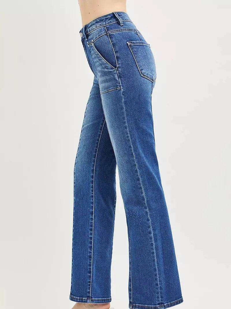 Risen Downtown Straight High Rise Patch Pocket Seamed Jeans-Women's Jeans-Shop Z & Joxa