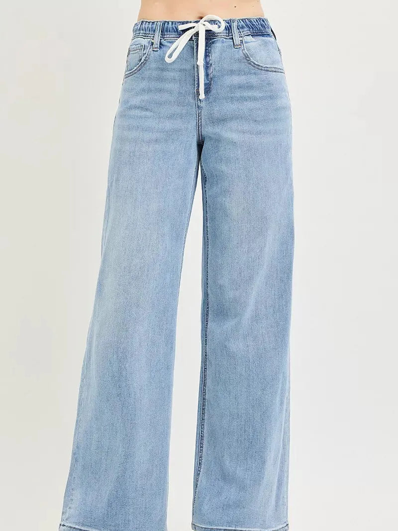 Risen Easy Street Elastic Waist Slouchy Wide Jeans with Drawstring-Women's Jeans-Shop Z & Joxa