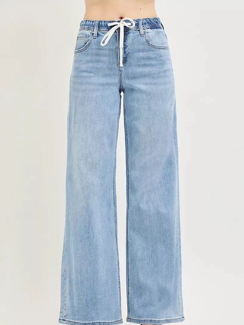 Risen Easy Street Elastic Waist Slouchy Wide Jeans with Drawstring-Women's Jeans-Shop Z & Joxa