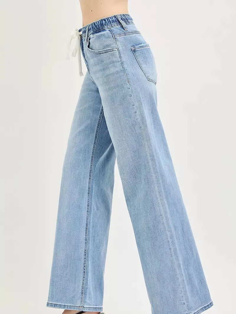 Risen Easy Street Elastic Waist Slouchy Wide Jeans with Drawstring-Women's Jeans-Shop Z & Joxa
