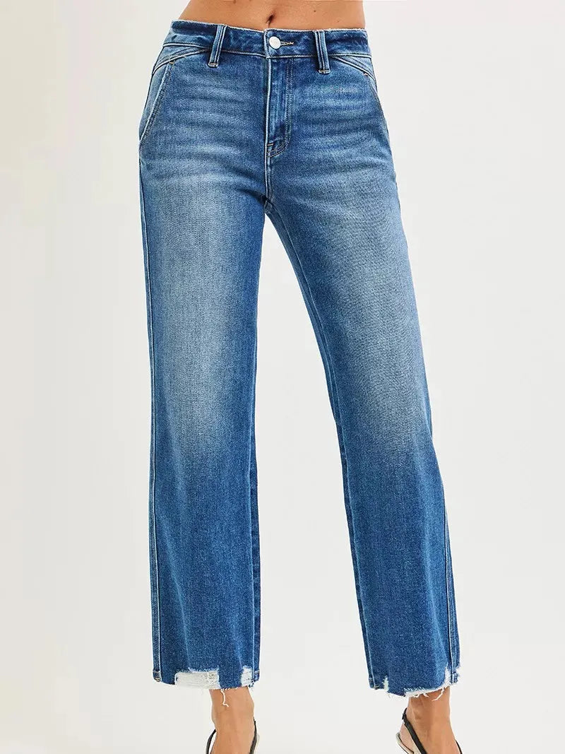 Risen Edge Appeal High Rise Ankle Distressed Hem Detail Jeans-Women's Jeans-Shop Z & Joxa