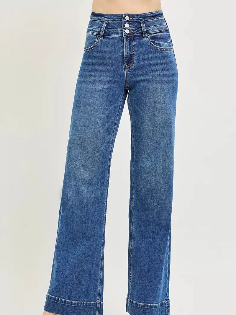 Risen Elevated Ease High Rise Wide Leg Wide Band Detail Jeans-Women's Jeans-Shop Z & Joxa