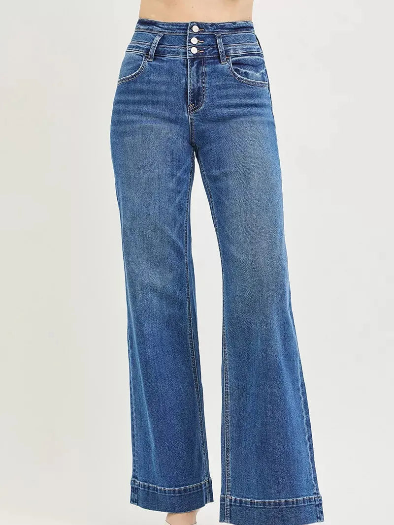 Risen Elevated Ease High Rise Wide Leg Wide Band Detail Jeans-Women's Jeans-Shop Z & Joxa