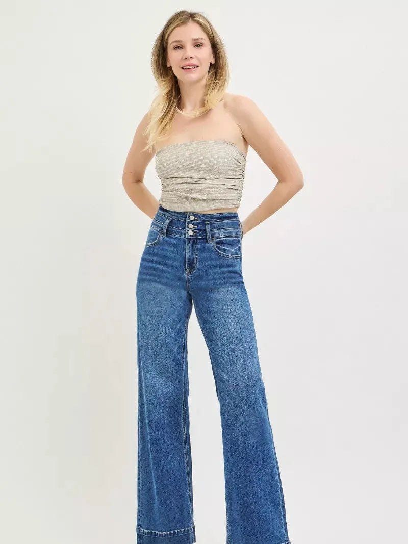 Risen Elevated Ease High Rise Wide Leg Wide Band Detail Jeans-Women's Jeans-Shop Z & Joxa