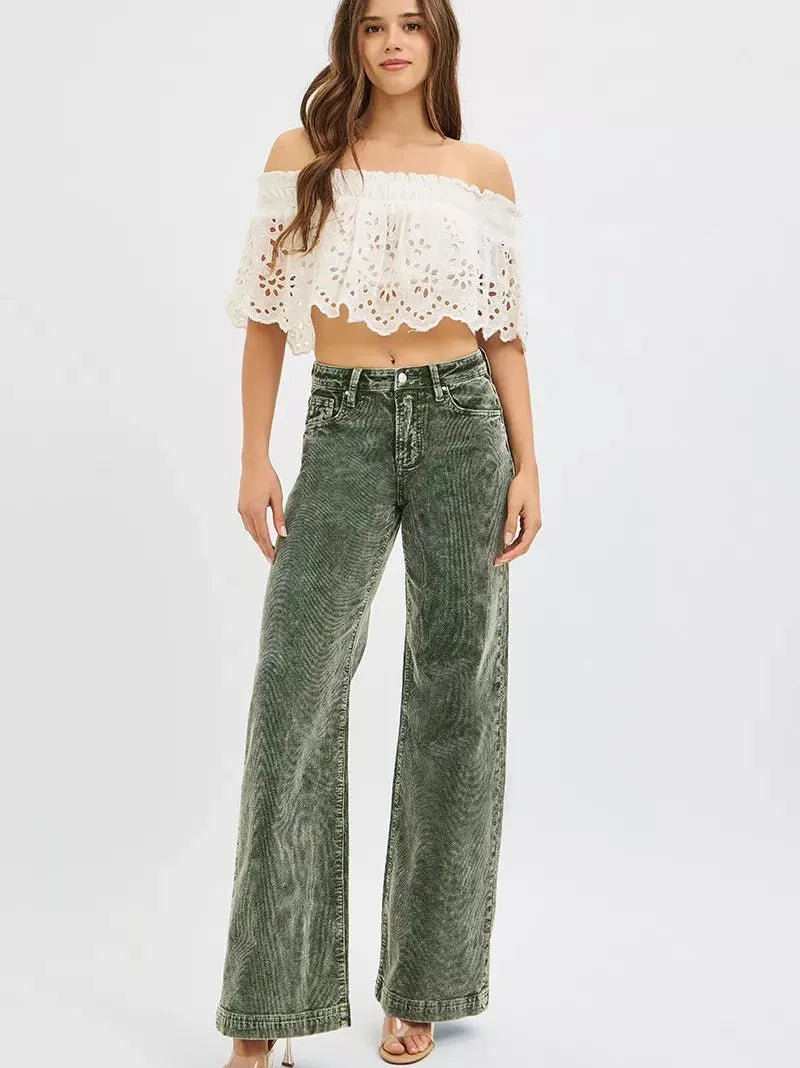 Risen Evergreen Charm High Rise Wide Leg Corduroy Jeans-Women's Pants-Shop Z & Joxa