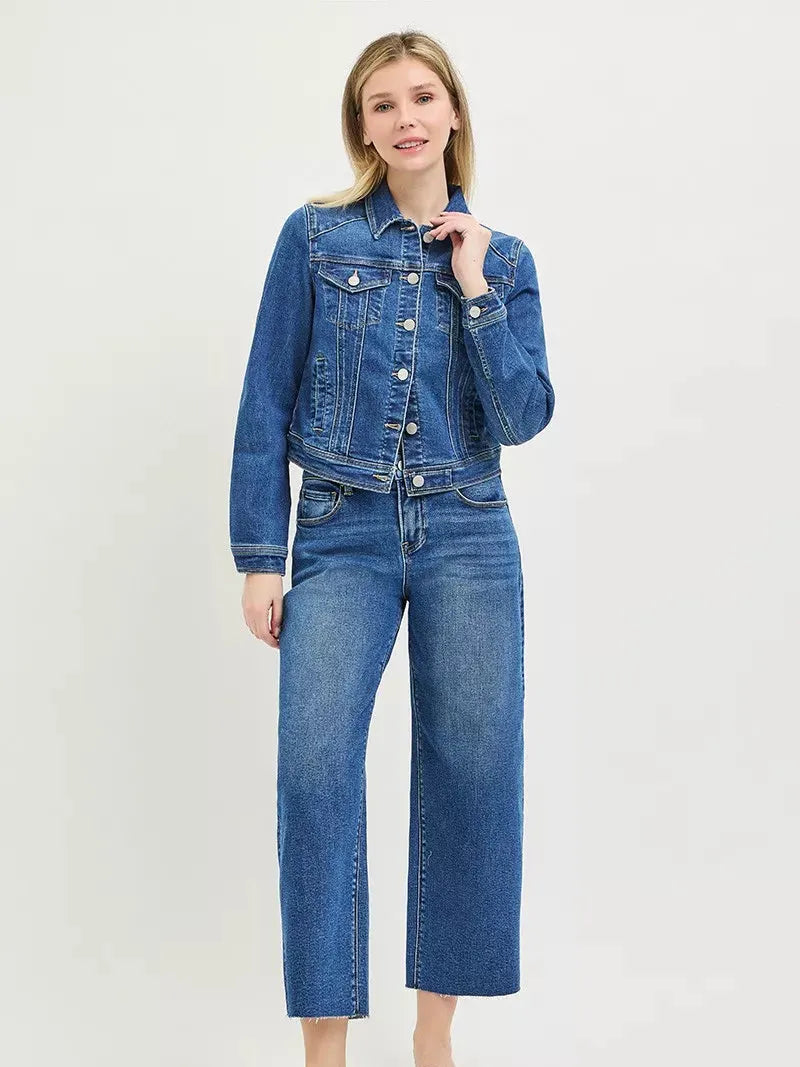 Risen Everyday Icon Basic Fitted Button Down Denim Jacket-Coats & Jackets-Shop Z & Joxa