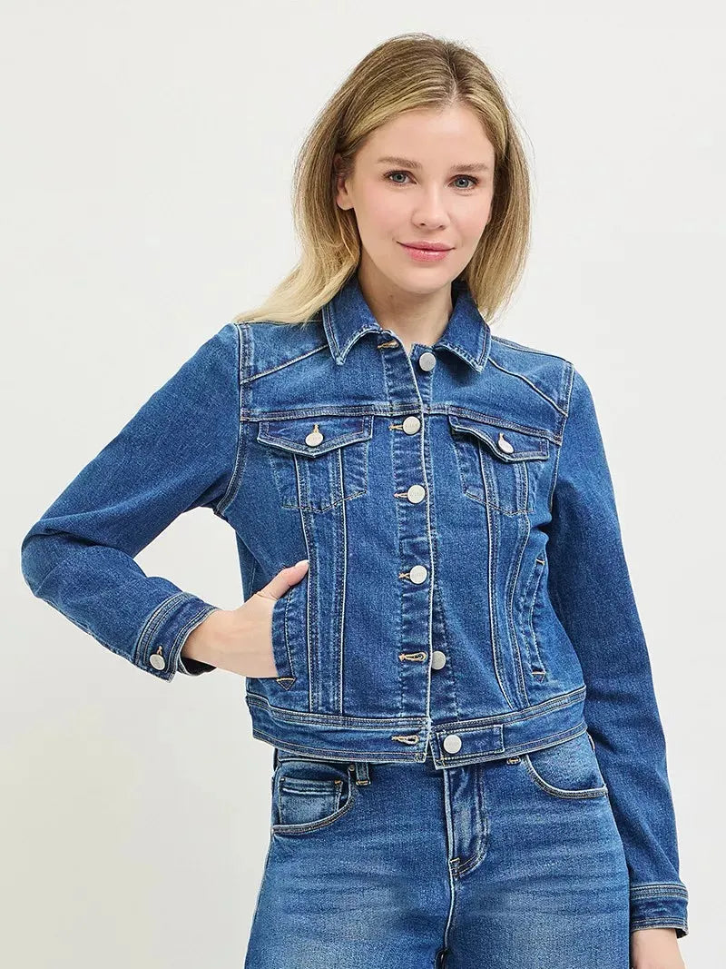 Risen Everyday Icon Basic Fitted Button Down Denim Jacket-Coats & Jackets-Shop Z & Joxa