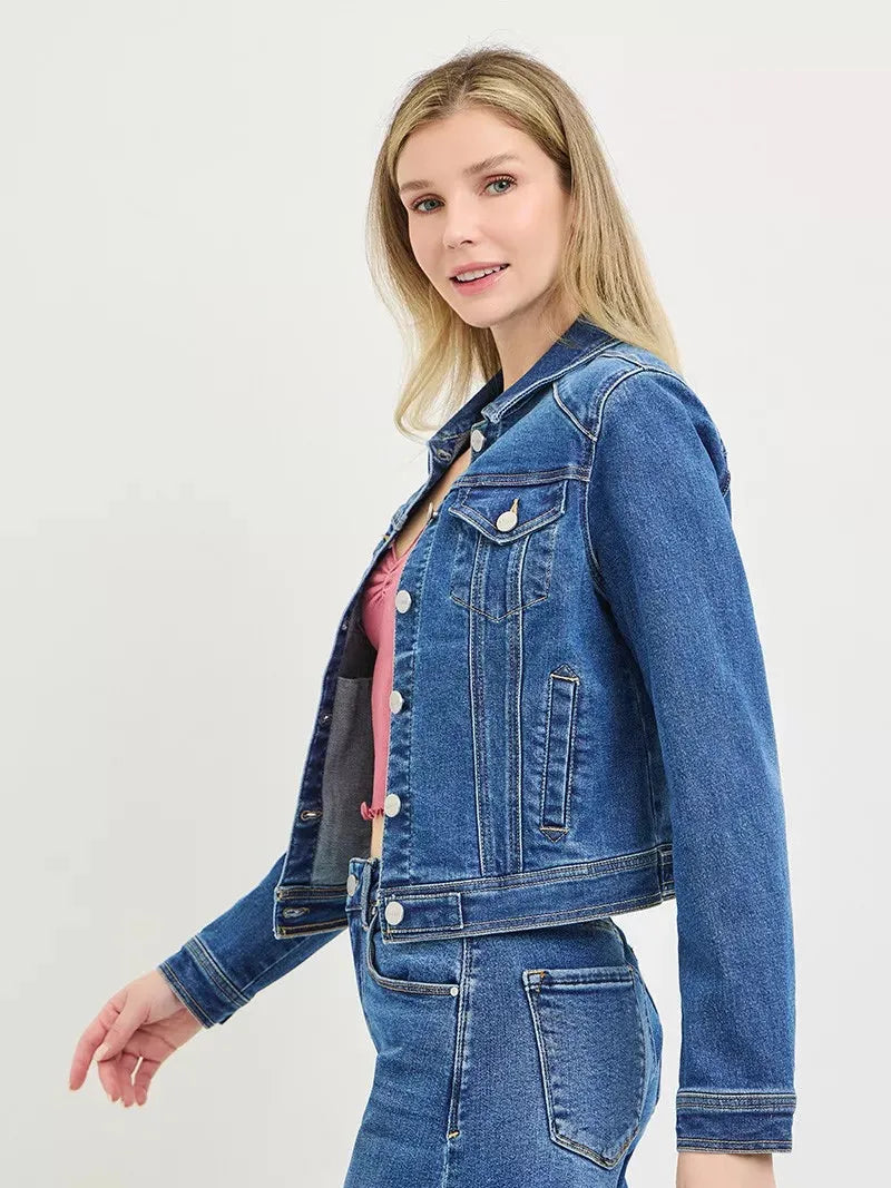 Risen Everyday Icon Basic Fitted Button Down Denim Jacket-Coats & Jackets-Shop Z & Joxa