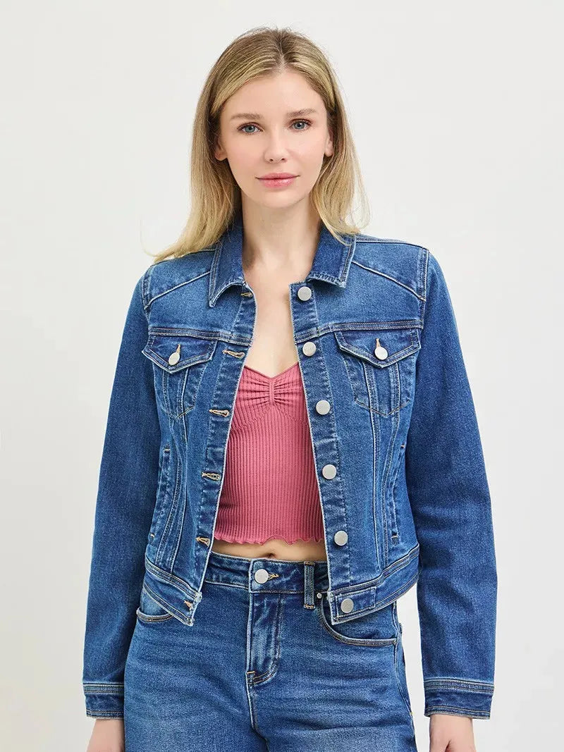 Risen Everyday Icon Basic Fitted Button Down Denim Jacket-Coats & Jackets-Shop Z & Joxa