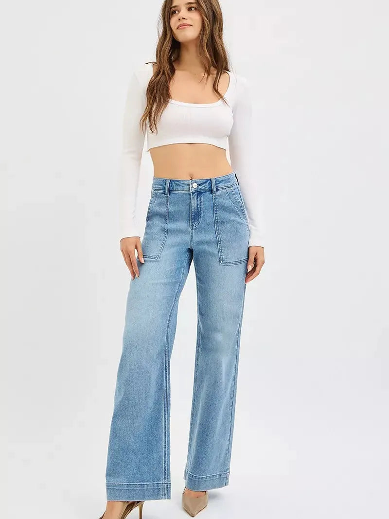 Risen Everyday Style High Rise Straight Leg Front Pocket Jeans-Women's Jeans-Shop Z & Joxa