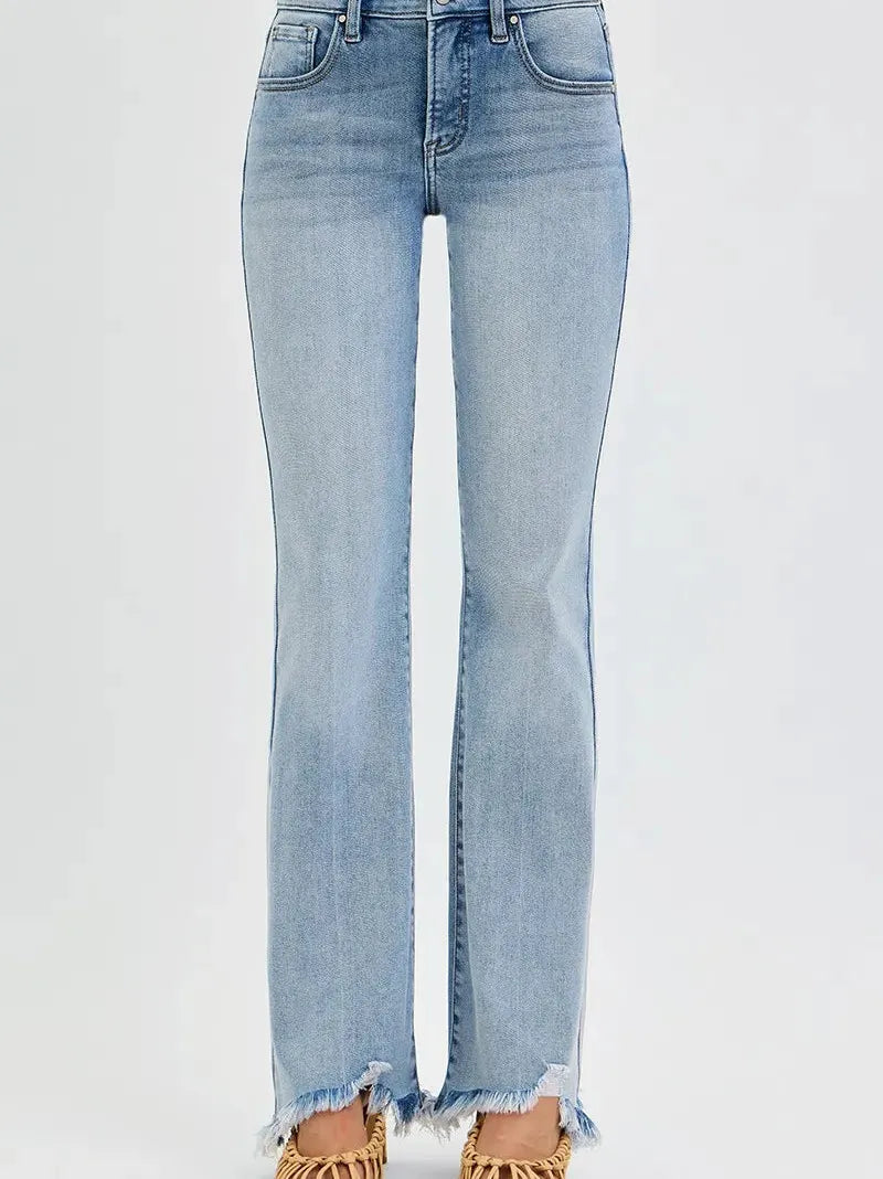 Risen Flirt and Flare Fray Hem Tummy Control Mid Rise Flare Jeans-Women's Jeans-Shop Z & Joxa