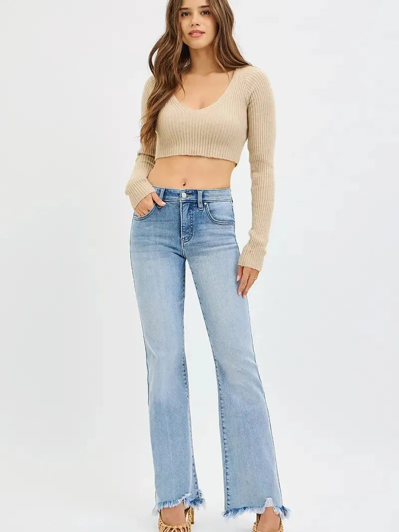 Risen Flirt and Flare Fray Hem Tummy Control Mid Rise Flare Jeans-Women's Jeans-Shop Z & Joxa