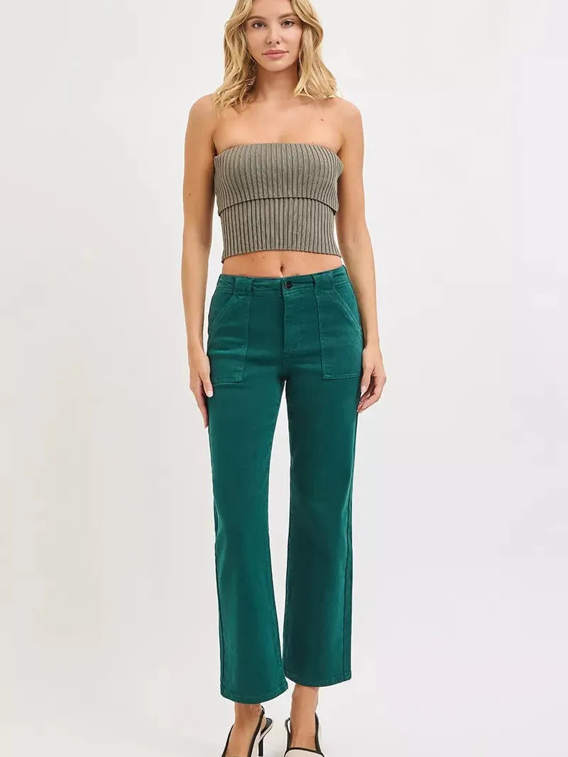 Risen Forest Kiss High Rise Ankle Flare Patch Pocket Jeans-Women's Jeans-Shop Z & Joxa