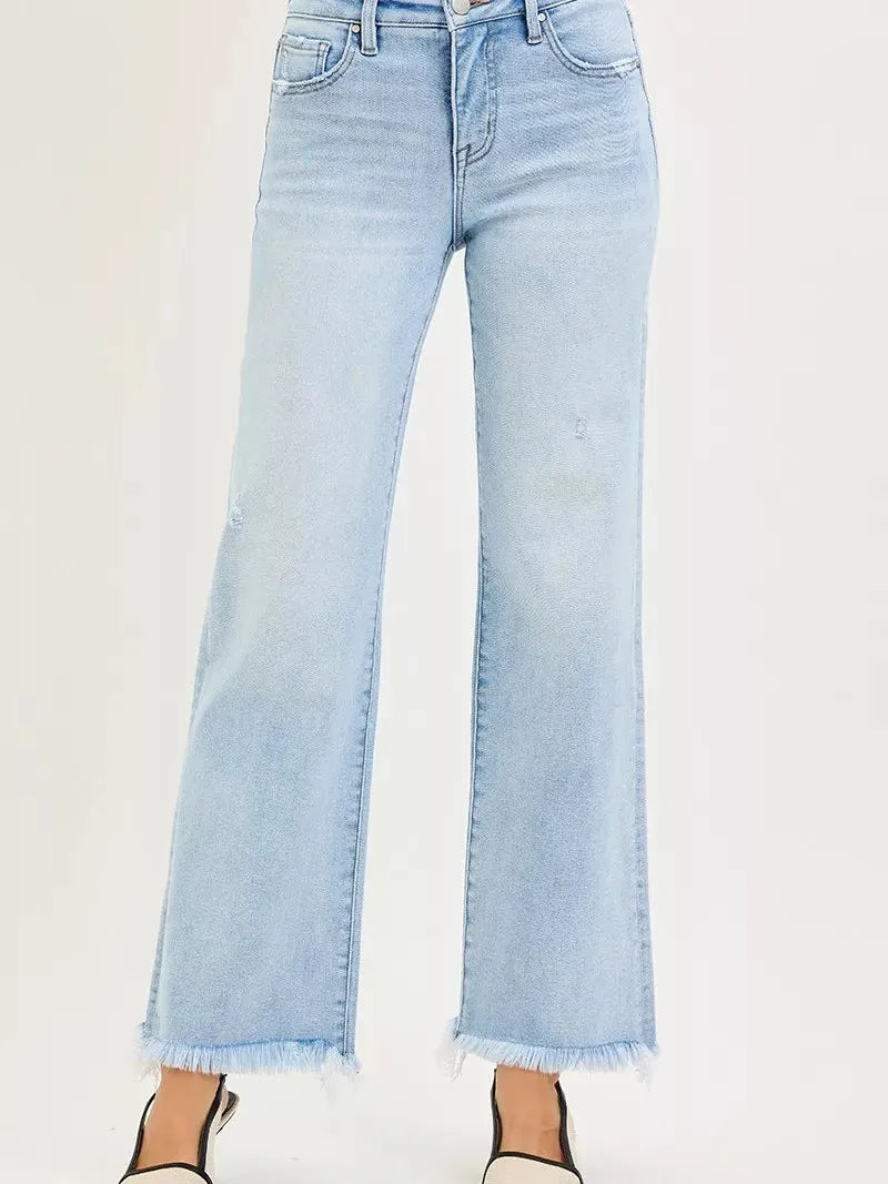 Risen Fray Away Tummy Control Mid Rise Ankle Raw Hem Jeans-Jeans-Shop Z & Joxa
