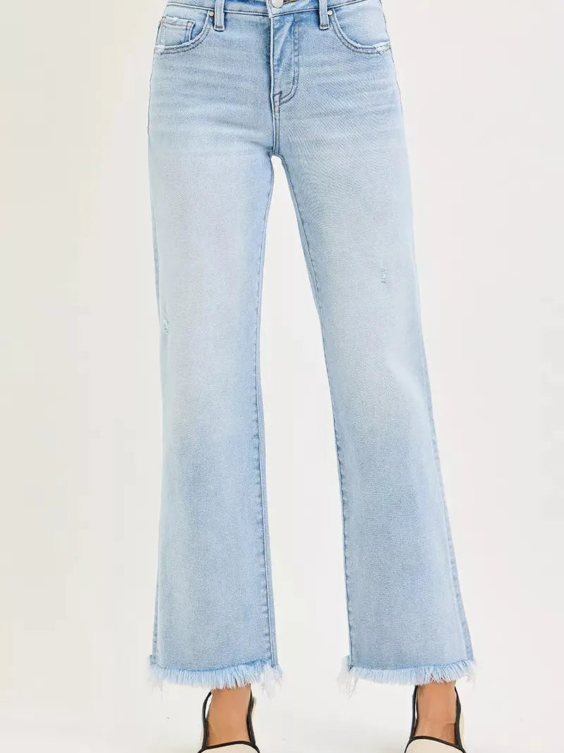 Risen Fray Away Tummy Control Mid Rise Ankle Raw Hem Jeans-Jeans-Shop Z & Joxa