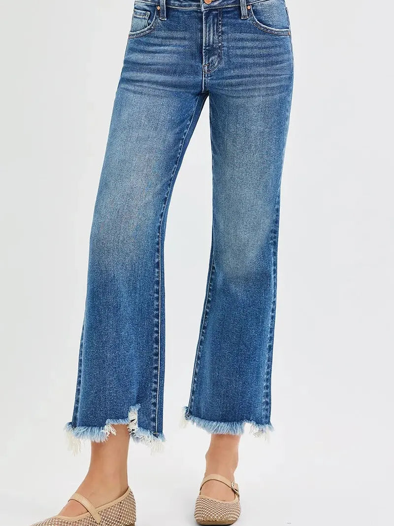 Risen Fray Day High-Waisted Wide Leg Crop Jeans-Women's Jeans-Shop Z & Joxa