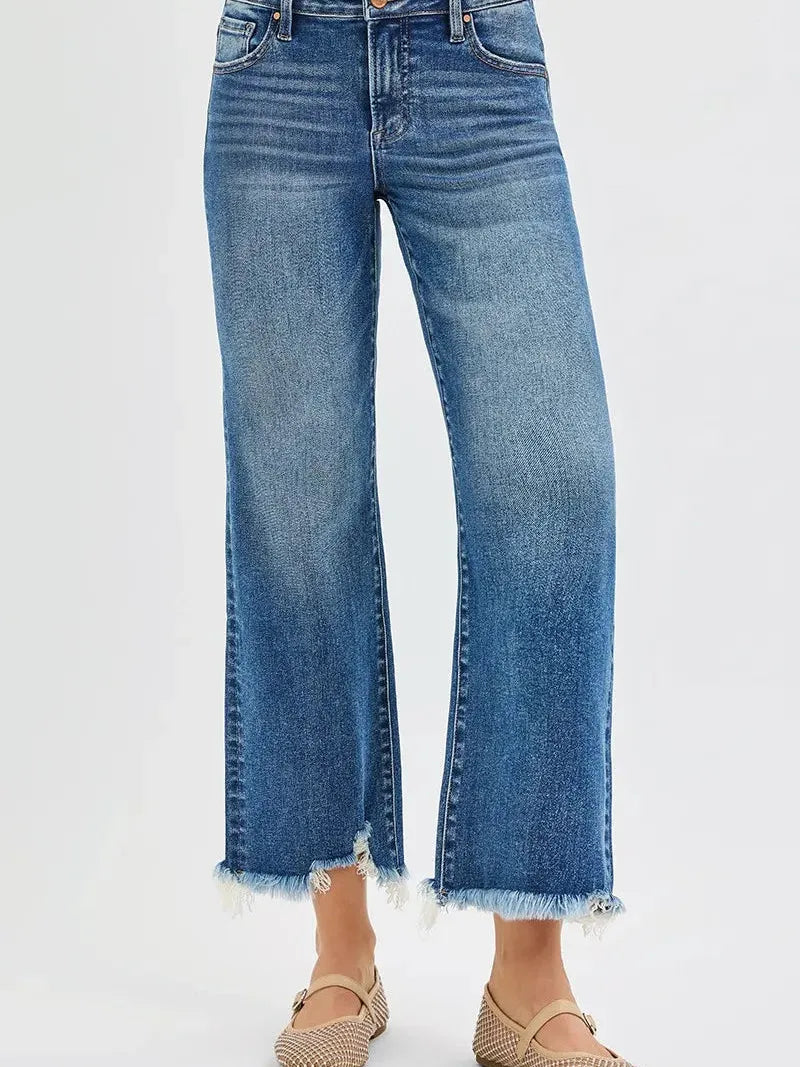 Risen Fray Day High-Waisted Wide Leg Crop Jeans-Women's Jeans-Shop Z & Joxa