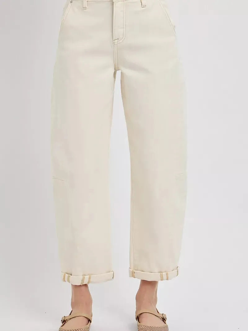 Risen Gentle Wave High Rise Barrel Cuffed Cropped Ivory Denim-Women's Jeans-Shop Z & Joxa