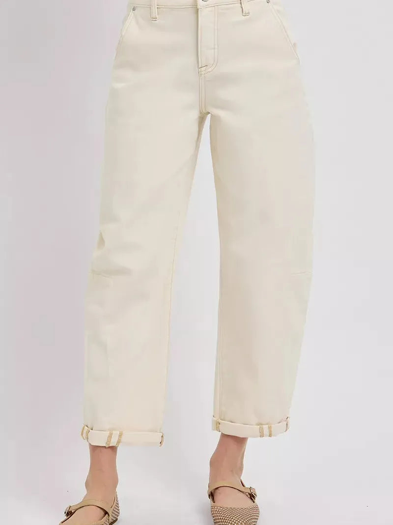 Risen Gentle Wave High Rise Barrel Cuffed Cropped Ivory Denim-Women's Jeans-Shop Z & Joxa