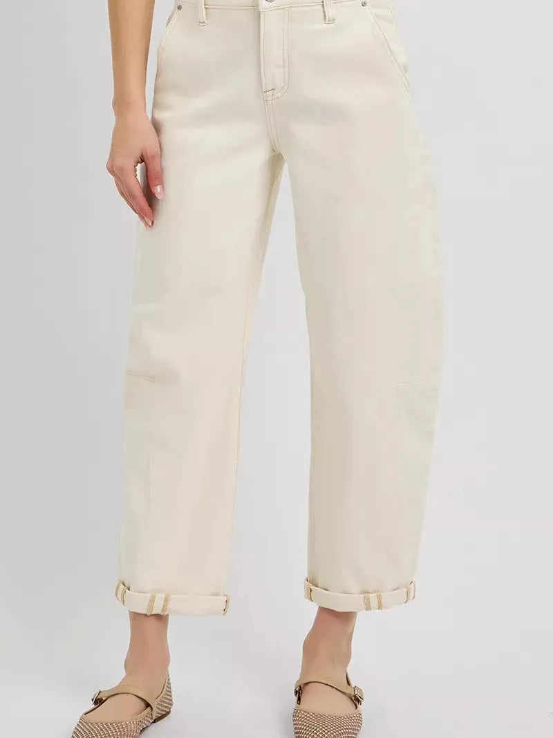 Risen Gentle Wave High Rise Barrel Cuffed Cropped Ivory Denim-Women's Jeans-Shop Z & Joxa