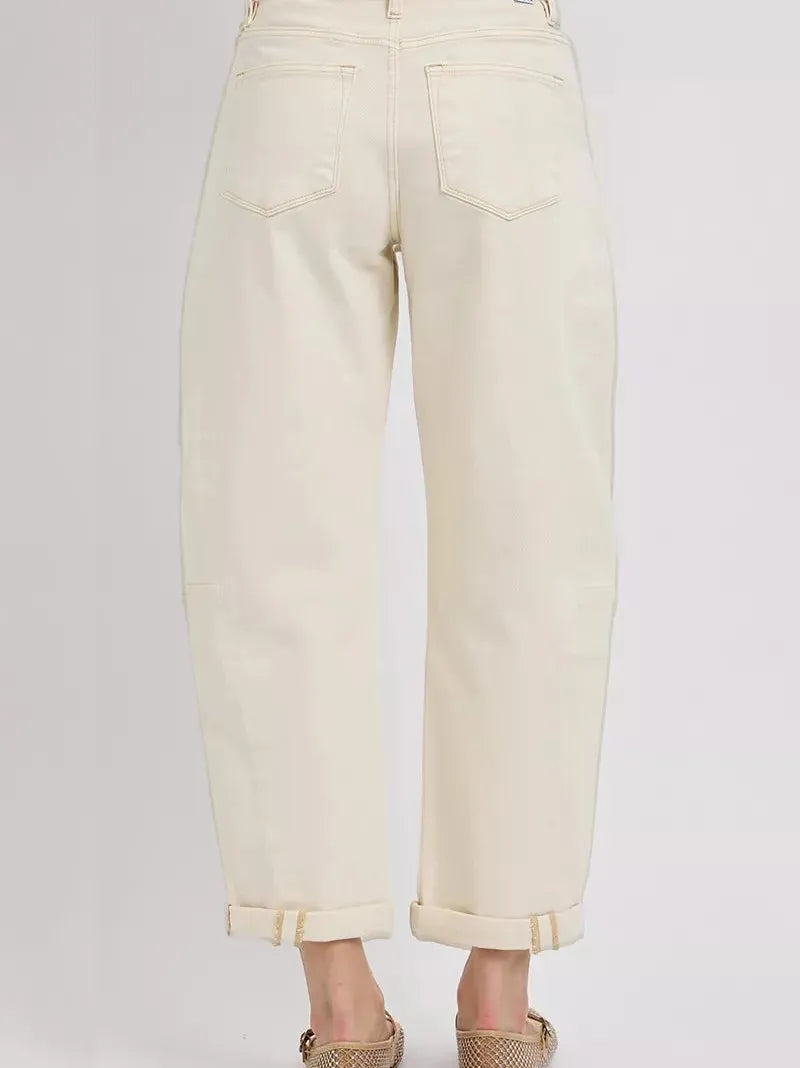 Risen Gentle Wave High Rise Barrel Cuffed Cropped Ivory Denim-Women's Jeans-Shop Z & Joxa