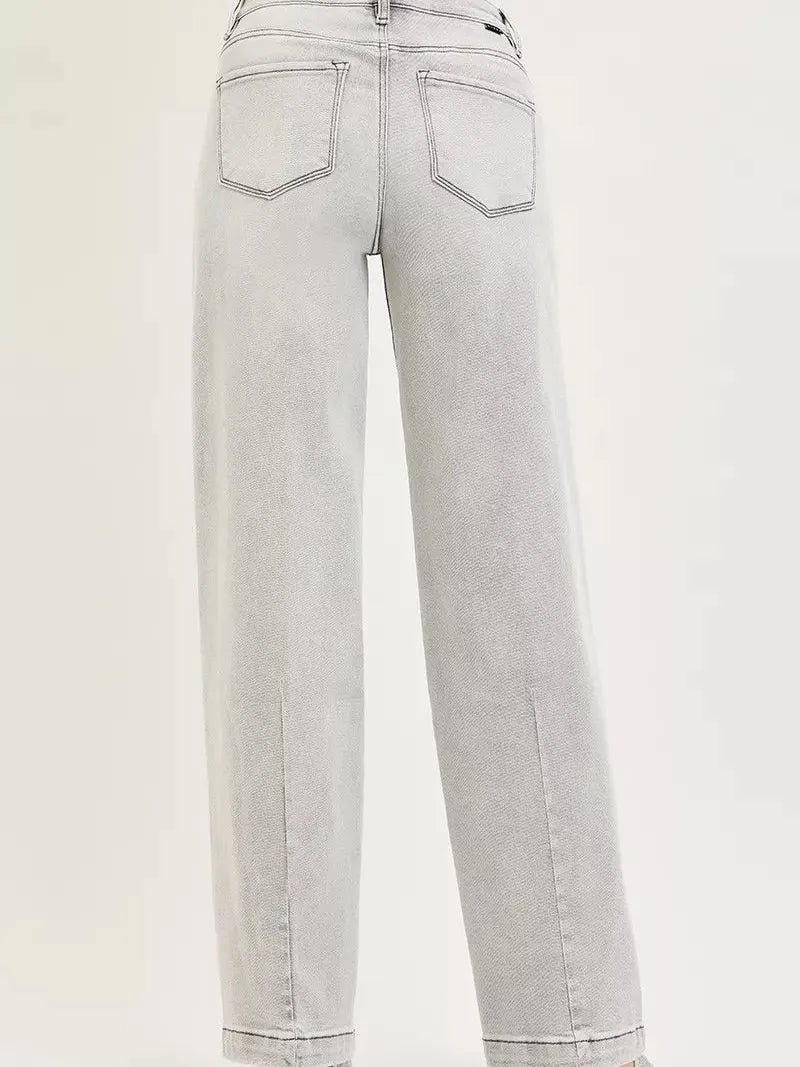 Risen Gray District Mid Rise Slouchy Baggy Jeans with Contrast Stitching-Women's Jeans-Shop Z & Joxa