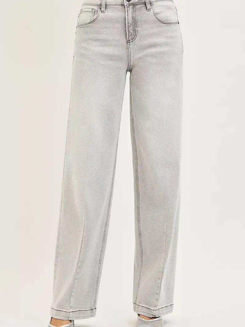 Risen Gray District Mid Rise Slouchy Baggy Jeans with Contrast Stitching-Women's Jeans-Shop Z & Joxa