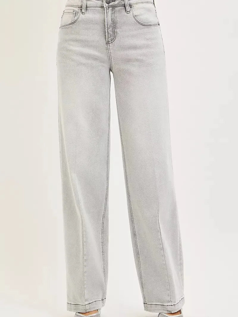 Risen Gray District Mid Rise Slouchy Baggy Jeans with Contrast Stitching-Women's Jeans-Shop Z & Joxa