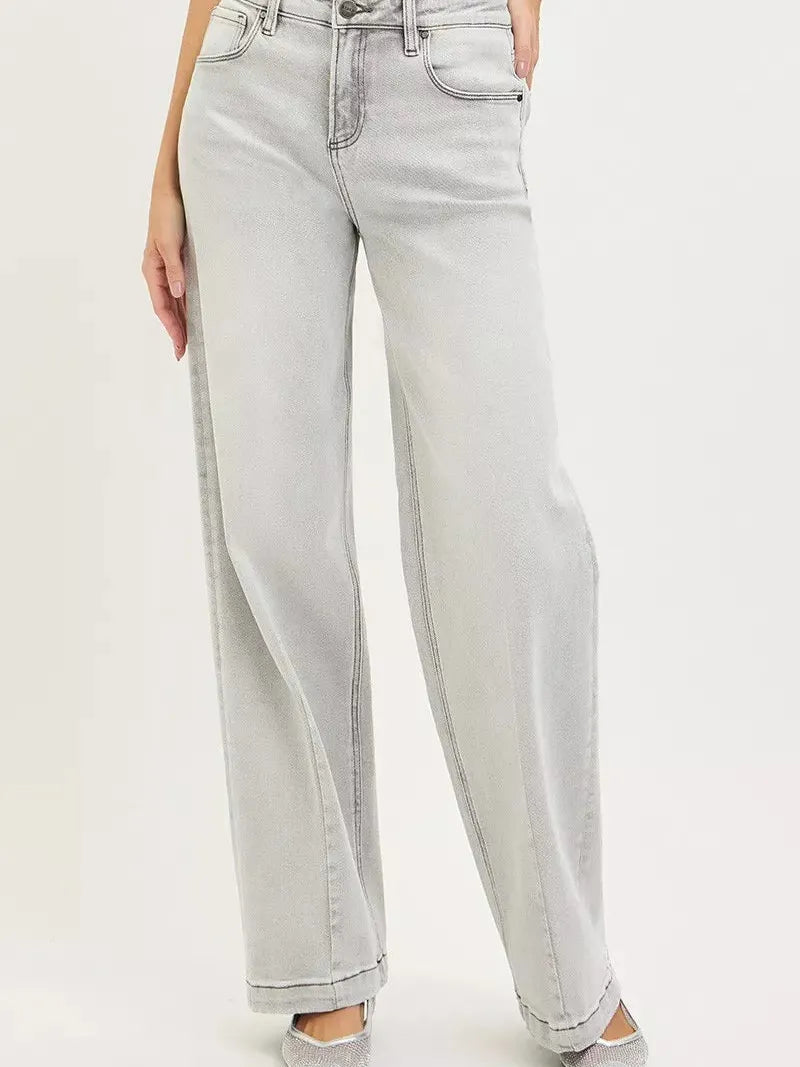 Risen Gray District Mid Rise Slouchy Baggy Jeans with Contrast Stitching-Women's Jeans-Shop Z & Joxa