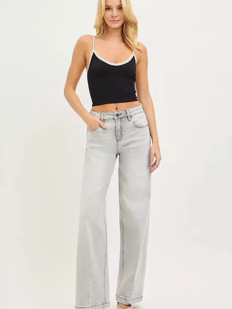 Risen Gray District Mid Rise Slouchy Baggy Jeans with Contrast Stitching-Women's Jeans-Shop Z & Joxa