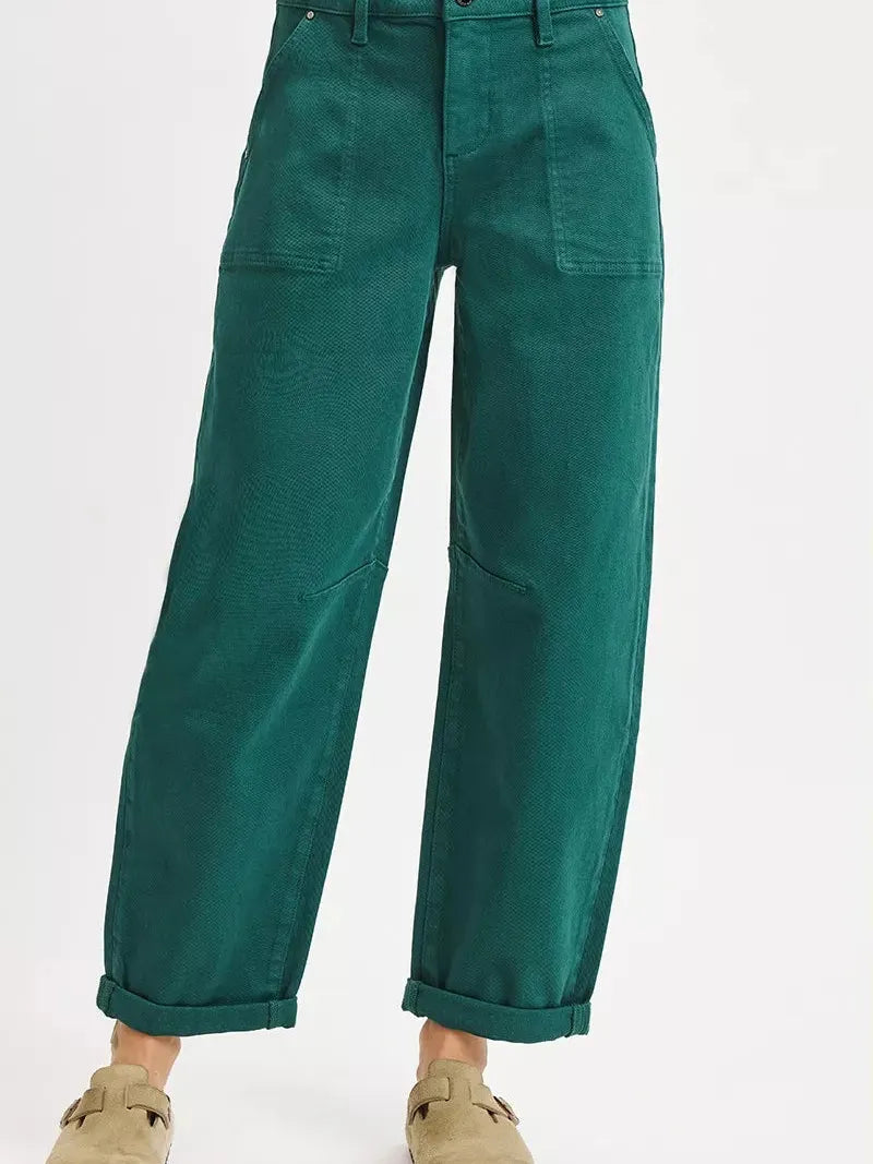 Risen Green Scene High Rise Ankle Length Cuffed Barrel Jeans-Women's Jeans-Shop Z & Joxa